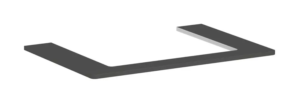 Schlichte, rechteckige Konsole in Dunkelgrau für einen Aufsatzwaschtisch. Hergestellt von Hansgrohe, mit mittigem Ausschnitt und glatter Oberfläche.